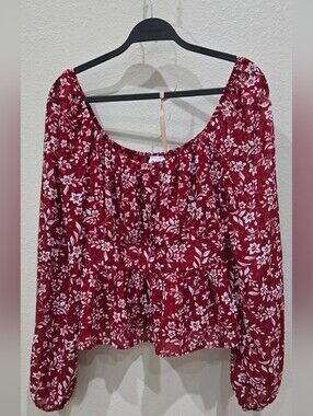 Women's Burgundy Floral Peasant Blouse